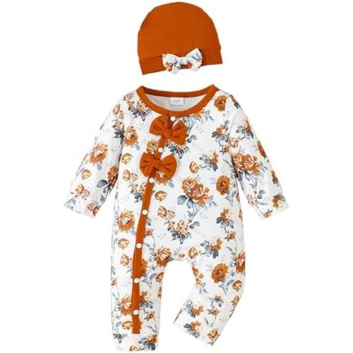 Mioglrie Newborn Baby Girl Clothes Long Sleeve Romper Infant Fall Winter Outfits Floral Hat Jumpsuit Preemie Girl Clothes