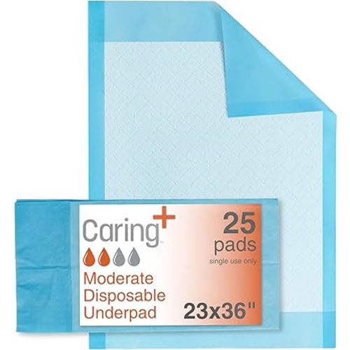 Caring Disposable Underpads, Baby Changing Liner Pads, Moderate Absorbency, 23 x 36 in, 25-Pack