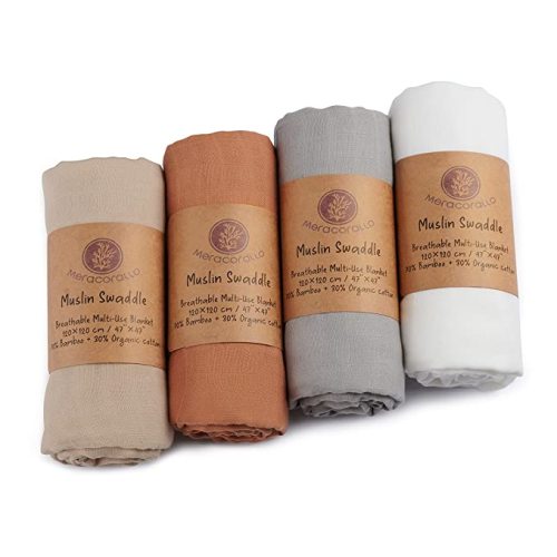 Meracorallo Muslin Swaddle Blanket Silky Soft Receiving Blanket Neutral Swaddle Wrap for Baby Boys and Girls, 47 x 47 inches, Set of 4 Solid Color - Set#4