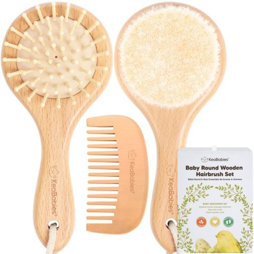 Baby Hair Brush and Comb Set, Wooden Baby Brush Set for Newborns, Infant, Toddler Grooming Kit (Round, Walnut)