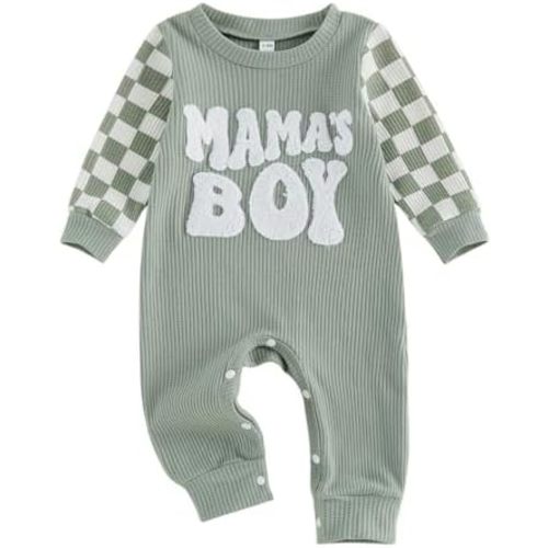 Newborn Baby Boy Fall Winter Clothes Mamas Boy Embroidery Jumpsuit Waffle Round Neck Romper Onesie 3 6 12 18 Months