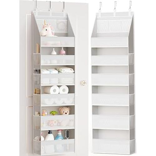 Criusia Over the Door Organizer, Heavy-Duty 6-Shelf Hanging Storage with 13 Mesh Pockets, 55lbs Capacity Behind the Door Storage for Nursery, Bathroom, Bedroom, and Dorm, White