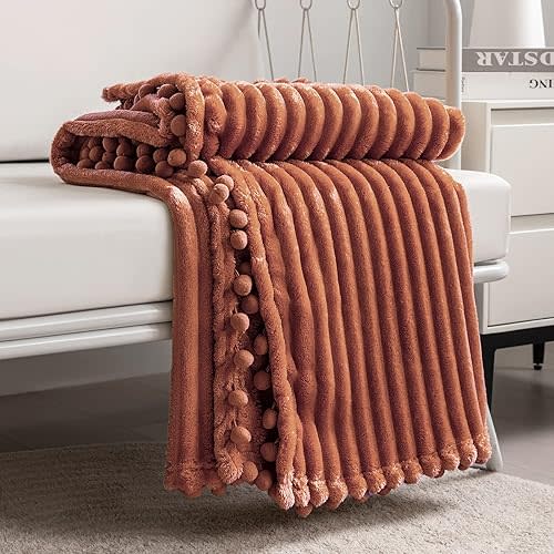 DISSA Fleece Blanket Throw Size – 51x63, Caramel – Soft, Plush, Fluffy, Fuzzy, Warm, Cozy – Perfect Throw for Couch, Bed, Sofa - with Pompom Fringe - Flannel Blanket Throw Blanket