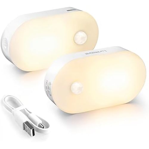 Lyridz Rechargeable Battery Night Light with Motion Sensor, Portable Mini Warm White LED Stick-on Closet Light, Adjustable Brightness for Bathroom, Bedroom, Kitchen, Cabinet, Stairs, Hallway, 2-Pack