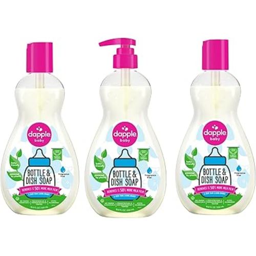 Dapple Baby Bottle Soap, Hypoallergenic Dish Soap for Baby Bottles, Powered by Plants, 1 Pump Included, Packaging May Vary, Fragrance Free, 16.9 Fl Oz (Pack of 3)
