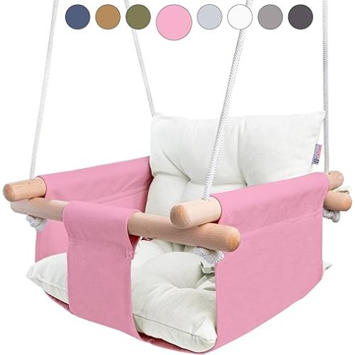 CaTeam - Canvas Baby Swing, Wooden Hanging Swing Seat Chair with Safety Belt, Durable Baby Swing Chair, Outdoor and Indoor Swing for Kids, Mounting Hardware Included, Pink