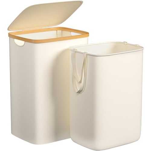 Large Laundry Hamper, 75L Waterproof Laundry Basket with Lid and Removable Bag, Collapsible Tall Clothes Hamper with Bamboo Handles for Clothes Toys in Dorm Bedroom Bathroom, Beige
