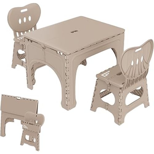 UNICOO® Kids Folding Table and Chairs Set, Kids Table and Chairs Foldable, Foldable Activity Table, Portable Picnic Table, Ideal for Indoor and Outdoor Use, Durable and Easy to Store (599) (Khaki)