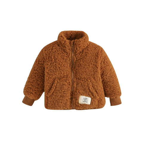 Qtinghua Newborn Infant Baby Boy Fleece Jacket Long Sleeve Stand Collar Zipped Winter Jacket Outwear with Pockets Brown 9-12 Months