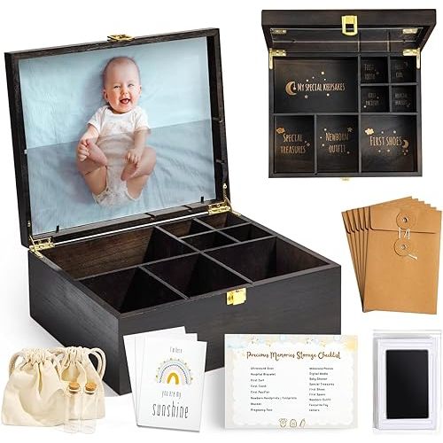Baby Keepsake Box Wooden with 6 Additional Items - Baby Shower Gifts for Girls Boys New Mom, Newborn Essentials Must Haves Memory Box with Tooth Fairy Tooth Holder, Engraved with Guidelines, Large