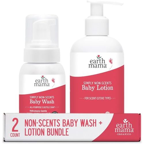 Earth Mama Simply Non-Scents Baby Wash & Lotion Bundle - Fragrance Free Castile Soap Body Wash 6.27oz + Calendula Baby Lotion 8oz - Sensitive Skin & Newborn Skin Care with Coconut Oil, Shea Butter