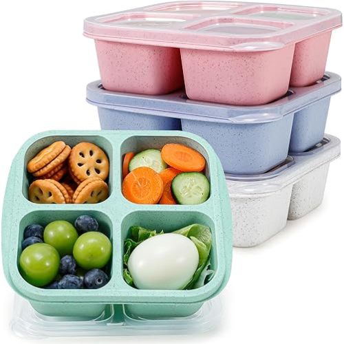 Caperci 4 Pack Bento Snack Boxes Lunchable Containers for Kids & Adults, Wheat Straw 4-Compartment Reusable Food Storage Containers for Snacks & Small Meal (Multicolor & Clear Lids)