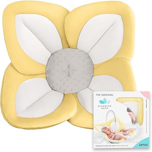 Blooming Bath Lotus Baby Bath Seat - Flower Bath Mat Baby Bath Tub Sink Bath Cushion - The Original Washer-Safe Flower Seat Baby Essentials Must Haves (Yellow/White/Gray)