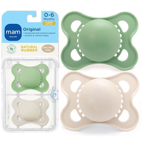 MAM Original Latex Pacifiers, Binky Pacifier for 0-6 Months, Natural Rubber Nipple, Made from Bio-Circular Materials, Easy to Clean, with Sterilizer Case, 2 Count Binkies