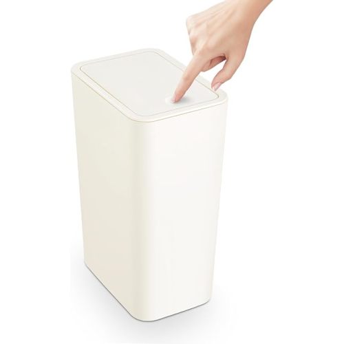 TrashAid Bathroom Trash Can with Lid, 2.6 Gallon / 10 Liter Small Garbage Can with Press Top Lid, Plastic Wastebasket with Pop-up Lid for Toilet, Office, Bedroom, Living Room, White