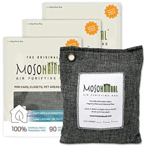 MOSO NATURAL: The Original Air Purifying Bag 200g (3 Pack) for Cars, Closets, Bathrooms, Pet Areas. an Unscented, Chemical-Free Odor Eliminator (Charcoal)