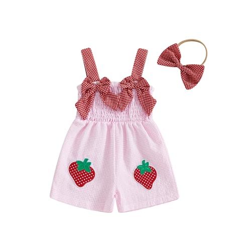 Kiluex Baby Girl Summer Sleeveless Overall Shorts Plaid Smocked Bubble Romper Bow One Piece Jumpsuit with Headband 2Pcs