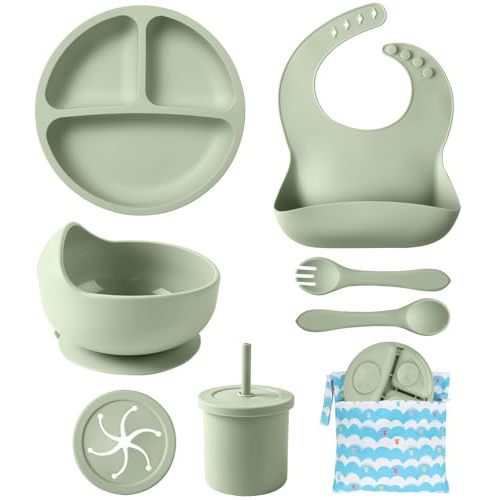 ECLIP Silicone Baby Feeding Set, 10 Pcs Baby Led Weaning Supplies with Suction Bowl Divided Plate Adjustable Bib Soft Spoon Fork Snack Cup with Lid Drinking Cup, Utensil (Dark Green)