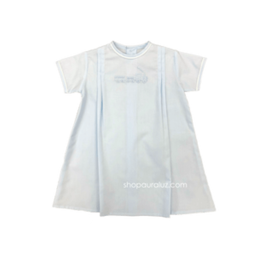 Auraluz Boy Day Gown. Blue with white piping trim and embroidered trai – AURALUZ