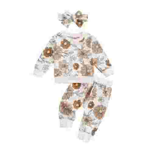Lieserram Baby Girl Fall Winter Clothes Set, 3 6 12 18 24 Months Long Sleeve Flower Print Pullover + Elastic Waist Trousers + Headband