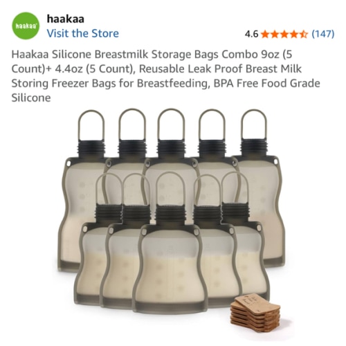 Haakaa Silicone Breastmilk Storage Bags Combo 9oz (5 Count)+ 4.4oz (5 Count), Reusable Leak Proof Breast Milk Storing Freezer Bags for Breastfeeding, BPA Free Food Grade Silicone