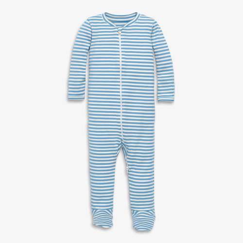 Baby organic zip footie in stripe - Cornflower / ivory mini stripe / 0-3