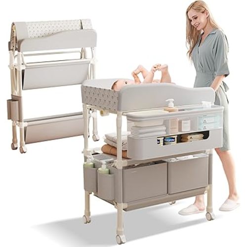Baby Changing Table, Versatile Folding Changing Table with 2 Drawers, Portable Baby Diaper Changing Station with Toy Holder, Adjustable Height Mobile Nursery Diaper for Infant and Newborn