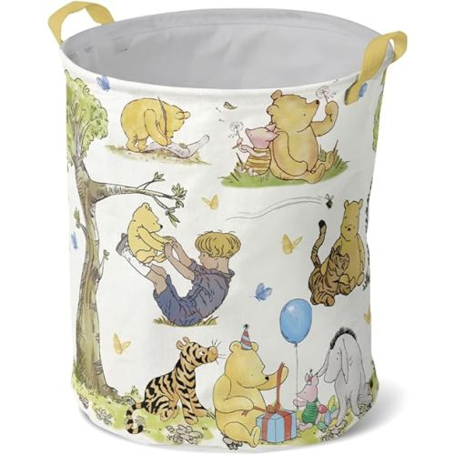 Classic Winnie Nursery Storage Basket, Large Barrel Shaped Canvas Laundry Hamper With Waterproof PE Coating, Foldable, Bathroom and Bedroom Set, Clothes,Toys Bin (Beige)