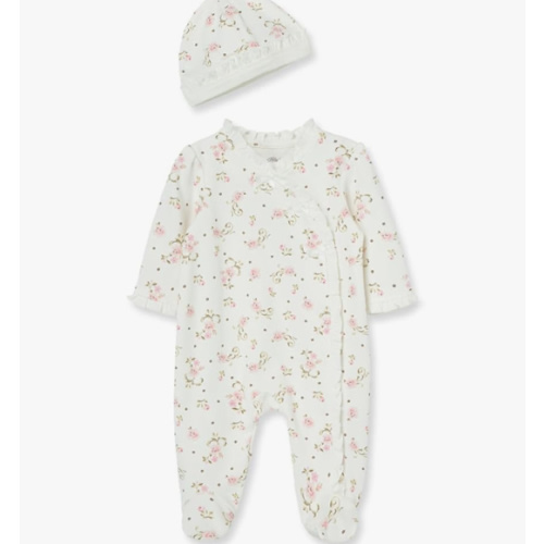 Little Me Clothes for Baby Girls 100% Cotton Scratch-Free Tag Footed One-Piece Romper and Hat Sleeper Set Preemie to 9 Months