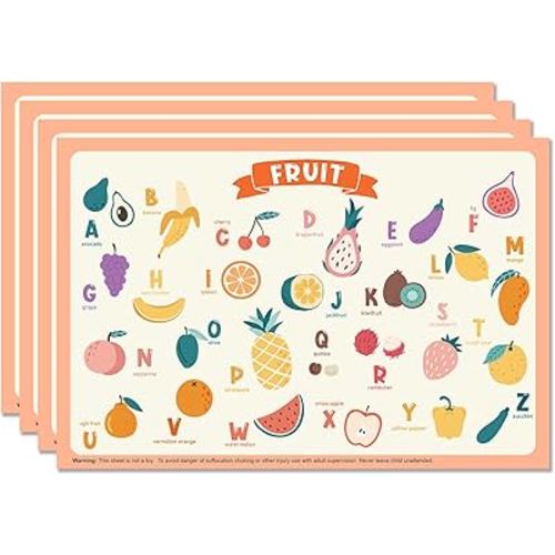 60 Pack Disposable Placemats for Baby & Toddle, 12" x 18" Restaurant Table Mats, Sticky Kids Placemat for Picnic Table, Party, Travel, Fruit Alphabet Theme