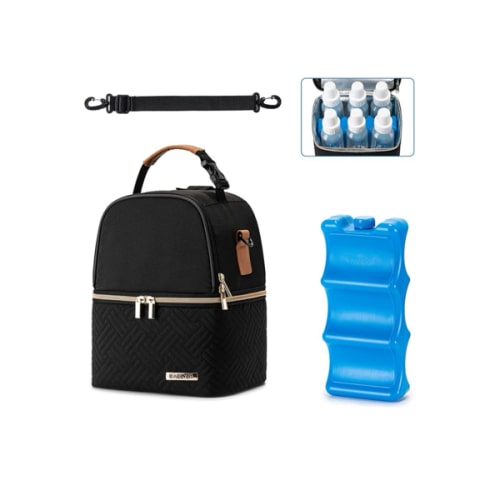 Breastmilk Cooler Bag with Ice Pack Fits 6 Baby Bottles up to 9 Ounce, Breast Milk Pump Cooler Bag with Shoulder Strap for Nursing Mom Daycare, Work, Travel- Black