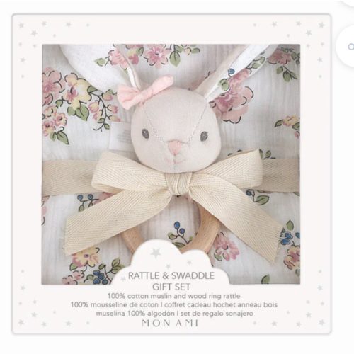 French Floral Bunny-Swaddles & Rattle Gift Set