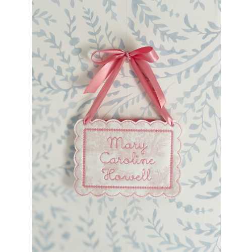 Personalized Pink Toile Baby Name Sign – Embroidered Newborn Announcement Door Hanger, Custom Applique Nursery Decor, Girl Baby Shower Gift