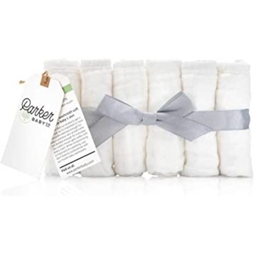 Parker Baby Washcloths - 6 Pack of 100% Cotton Muslin Wash Cloths - Soft, Absorbent and Natural - White