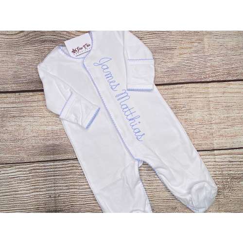 Personalized Baby Girl or Baby Boy Footie, Coming Home Outfit, Picot Trim, Embroidery