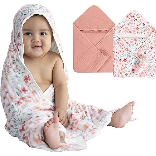 2 Pack Hooded Baby Towel Set 6-Layer Ultra Soft Absorbent Muslin Cotton Bath Towels 35x35 Inches for Newborns, Infants, Toddlers & Kids Ideal Gift Registry Essential (Pink, 90x90 cm)