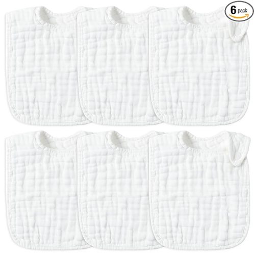 6Pcs Snap Muslin Cotton Baby Bibs White Adjustable Drool Bib with 6 Absorbent Soft Layers, Machine Washable Unisex Burp Cloths for 3 to 36 Months Boys Girls Infant Newborn Toddler