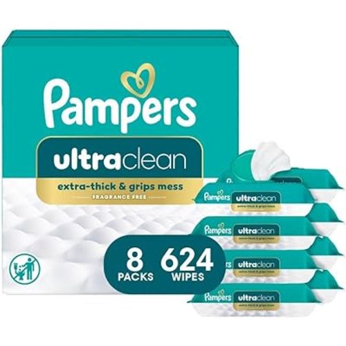 Pampers Ultra Clean Baby Wipes (Previously 'Free & Gentle'), 99% Water, Hypoallergenic, Unscented, 100% Plant Based, Plastic-Free, 624 Baby Wipes Total (8X Flip-Top Packs) [Packaging May Vary]
