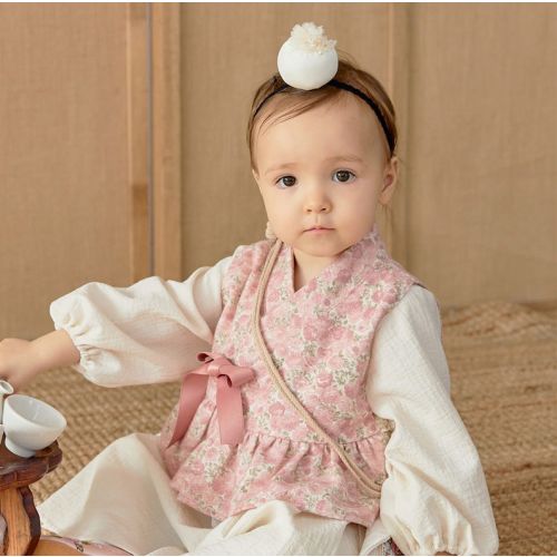 Korean Dol Dohl Baekil 100 Day Everyday Wear Daily Cotton Pink Floral Dress Hanbok for Girls