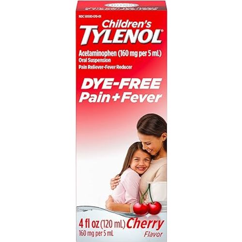Children's Tylenol Liquid Oral Suspension Pain Reliever & Fever Reducer with Acetaminophen, Aspirin-, Ibuprofen-, High Fructose Corn Syrup- & Dye-Free, Cherry, 4 Fl. Oz