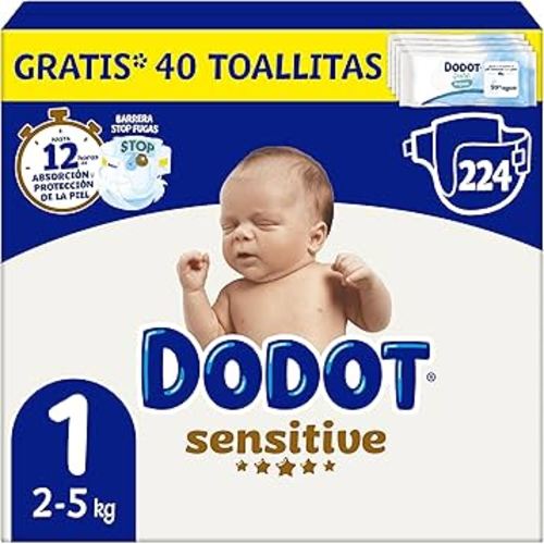 Dodot Pañales Bebé Sensitive, Talla 1 (2-5kg), 224 Pañales + 1 Pack de 40 Toallitas Regalo de Aqua Plastic Free, Nº1 en Protección de la Piel deDodot, Pack Mensual : Amazon.es: Bebé