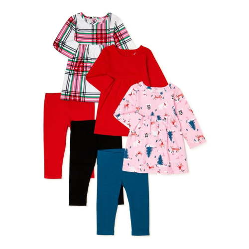 Wonder Nation Baby Girls Long Sleeve Dress & Leggings Set, 6-Piece, Sizes 0-24 Months
