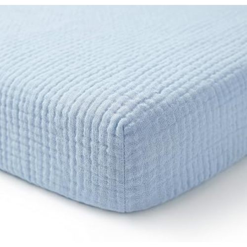 Muslin Pack and Play Sheet, 100% Cotton Playard Sheet (39"x27"), Breathable & Soft Mattress Pad Cover, Boho Blue for Boys(1 Pack)