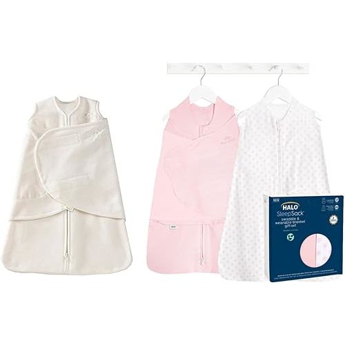 HALO Sleepsack Set Bundle - Micro Fleece Swaddle Wearable Blanket, Cream, Small - Organic Cotton Swaddle & Wearable Blanket 2-Piece Gift Set Box, Strawberry, Small/Medium