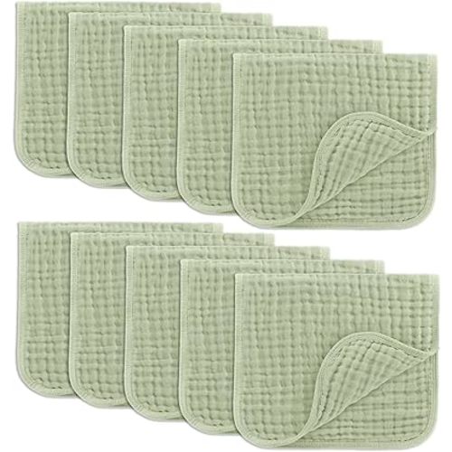 Comfy Cubs Muslin Burp Cloths 20" x 10", Pack of 10 - Large, 6-Layer, Ultra Absorbent 100% Cotton for Baby Drool and Messes - Soft, Safe & Gentle Baby Burp Cloths for Boys & Girls - Sage