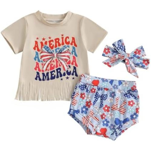 Fernvia Western Toddler Baby Girl Clothes Letter Short Sleeve T-Shirt Top + Tassel Shorts Outfits + Headband 3Pcs Set