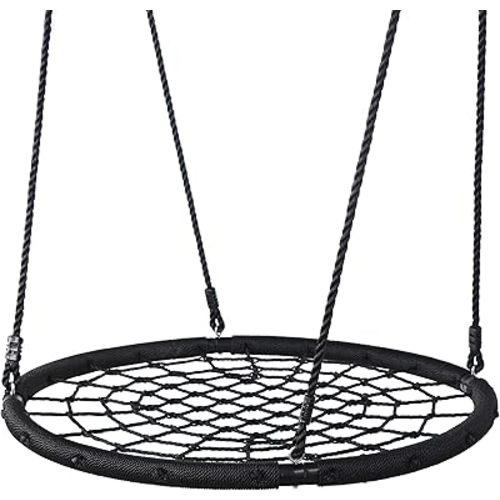 48'' Spider Web Hanging Saucer Tree Swing Set Rotating Adjustable Height Hanging Rope Attaches to Trees or Existing Outdoor Flying Saucer Swing Sets for Kids, Teens, Youth and Adult, Black