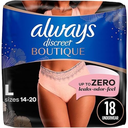 Always Discreet Boutique Adult Incontinence & Postpartum Underwear for Women, Maximum Protection, Peach, Large, 18 Count (Packaging May Vary)