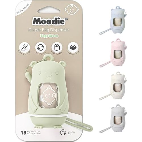 Teddy Bear Diaper Bag Dispenser | Diaper Trash Bags on the Go Dispenser w/Silicon Strap | 15 UNSCENTED Baby Poop Bags per Roll | Dirty Diaper Bags Disposable | Diaper Waste Bags (SAGE GREEN)