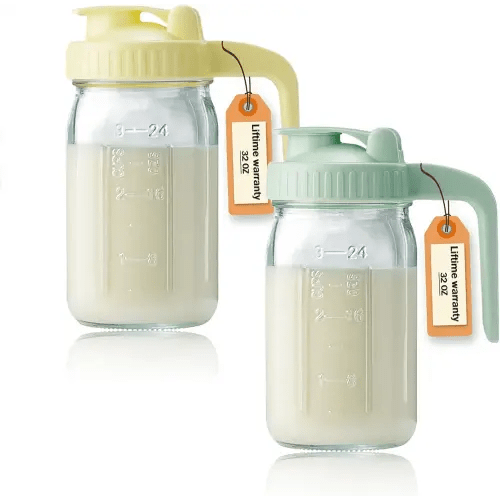 32oz Glass Pitcher with Lid & V-shaped Pour Spout - 1 Quart Double Leak Proof, Creamer Container for Sun Tea, Juice, Cold Brew Coffee, Breastmilk Storage Container
